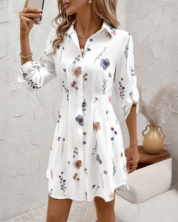 Floral Print Turn down Collar Long Sleeve Shirt Dress